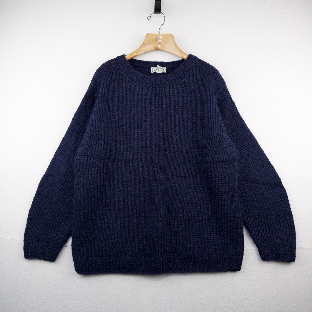 90's Vtg LL Bean Wool Sweater Chunky Blue Knit Classic Minimalist Women's XL